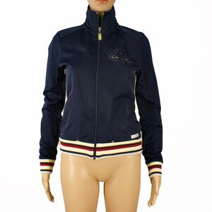 Vintage 2000s Y2K Baby Phat Navy Blue Rhinestone Logo Satin Track Jacket